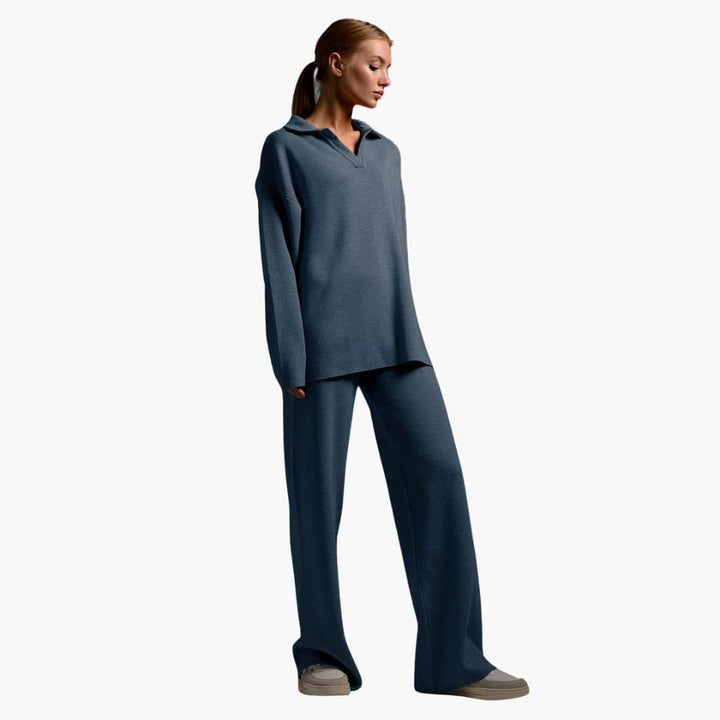 Damen Hausanzug mit Kragenoberteil und weiter Hose