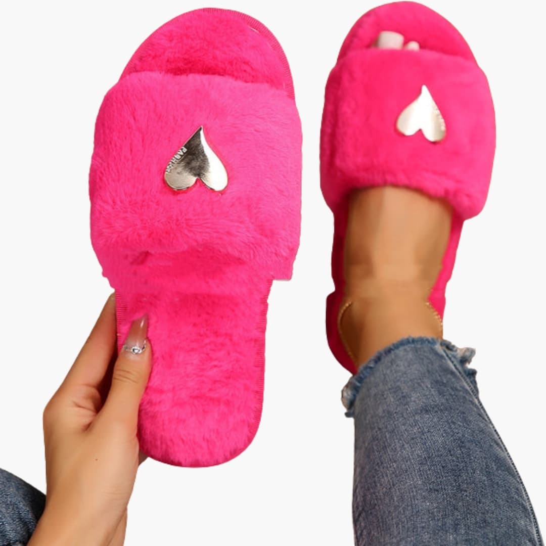 Damen Hausschuhe mit offener Spitze und Herzdetail