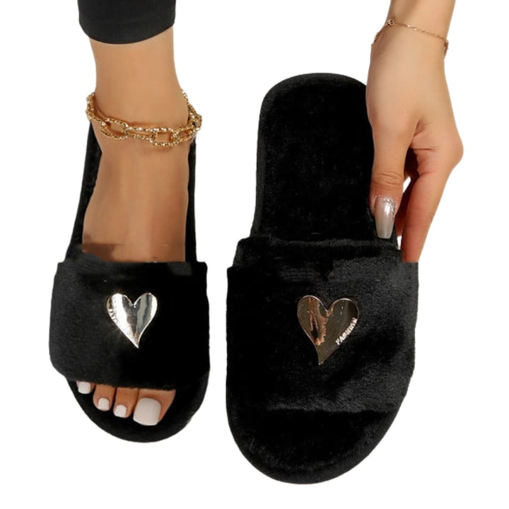 Damen Hausschuhe mit offener Spitze und Herzdetail