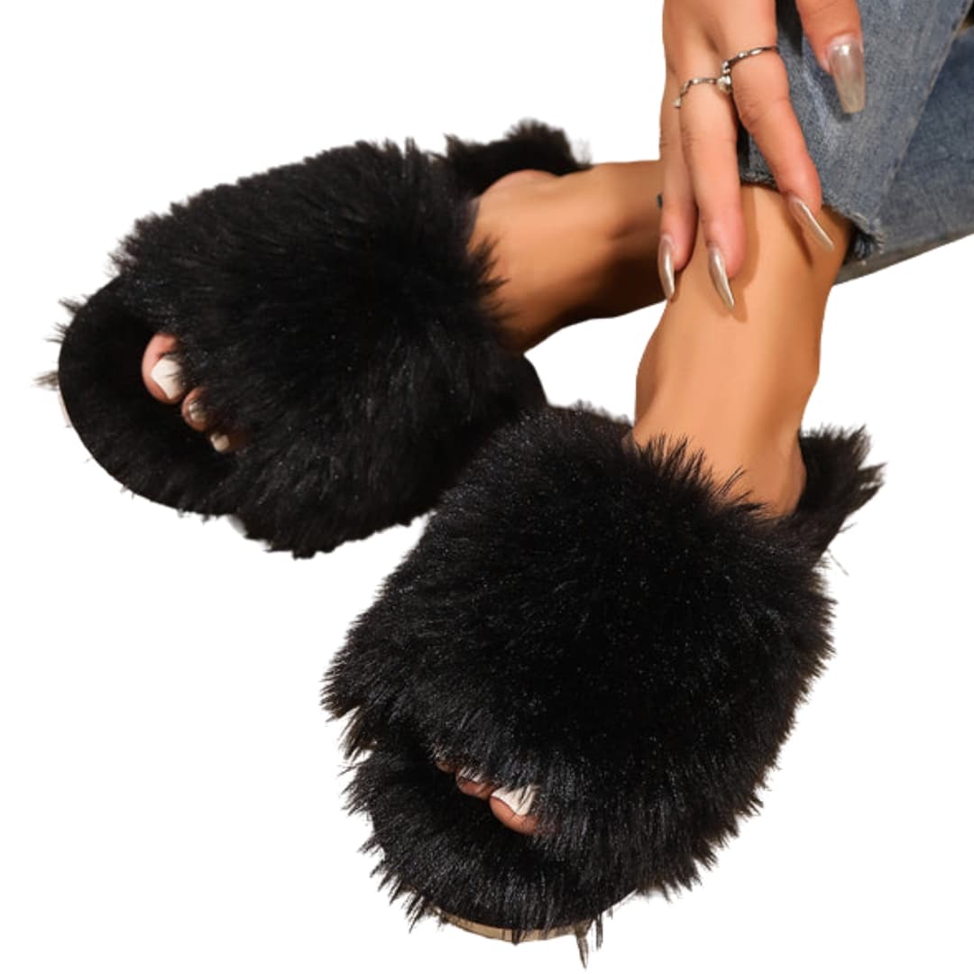 Damen Hausschuhe mit offener Spitze und Kunstfell