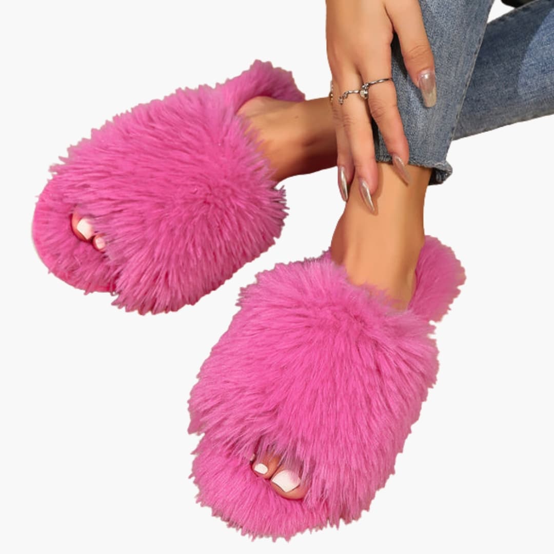 Damen Hausschuhe mit offener Spitze und Kunstfell