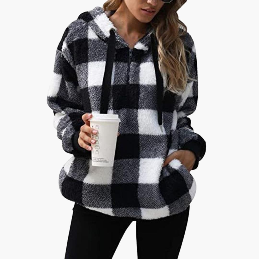 Damen Kapuzenpullover mit Halbzipp und Karomuster
