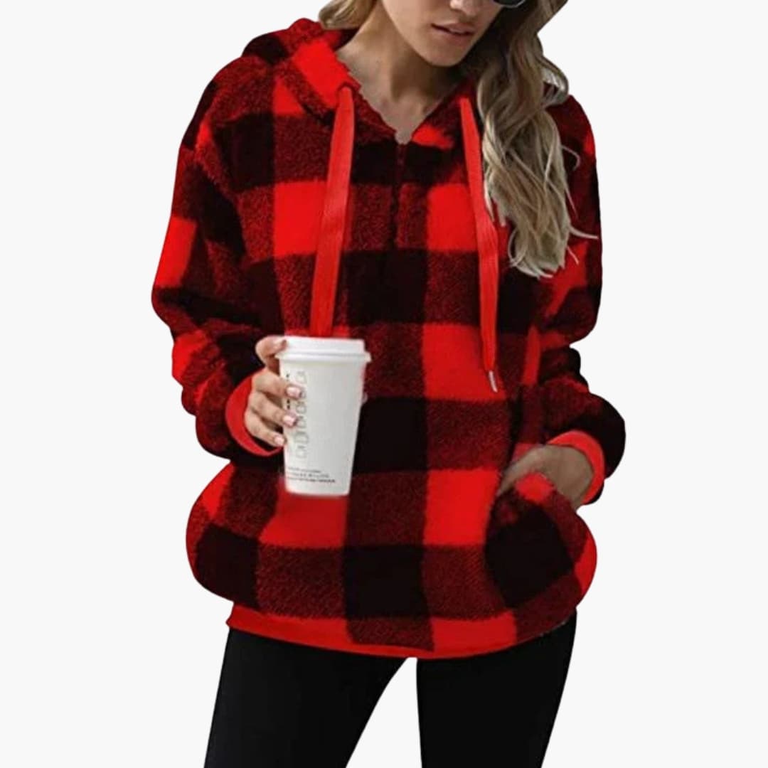 Damen Kapuzenpullover mit Halbzipp und Karomuster