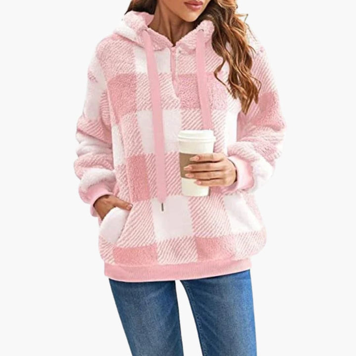 Damen Kapuzenpullover mit Halbzipp und Karomuster