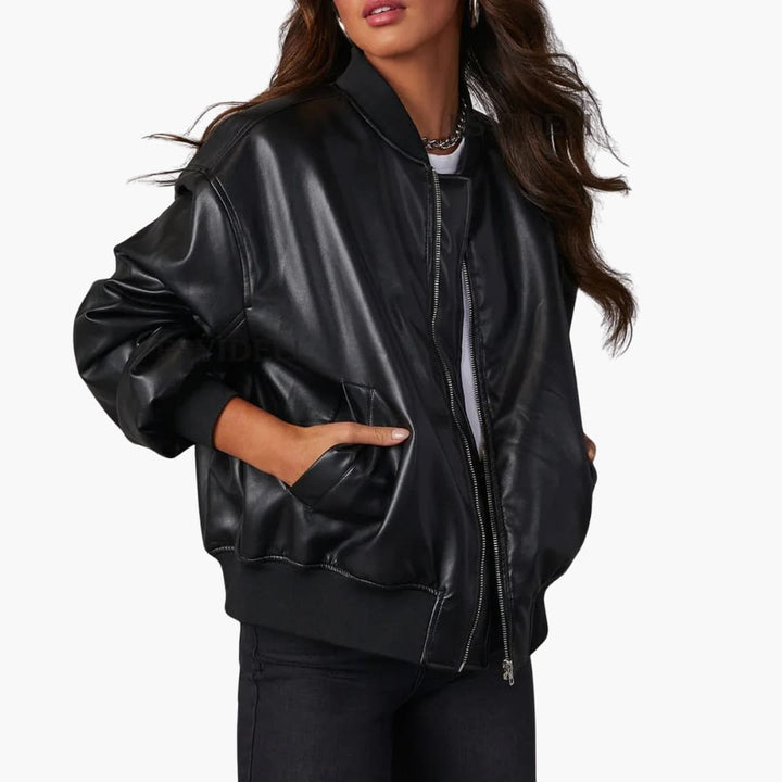 Damen Oversize Bomberjacke mit Reißverschluss und Rippdetails