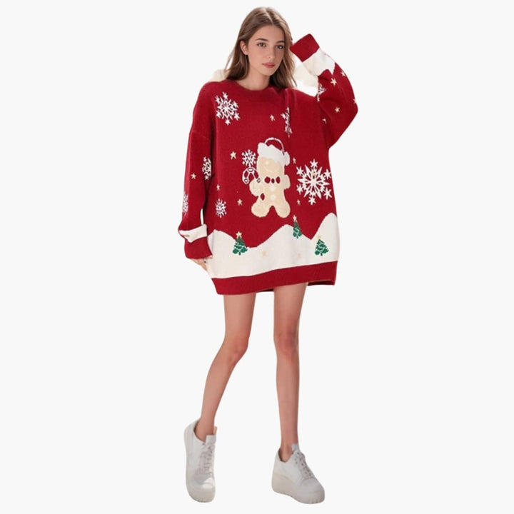 Damen Oversize Weihnachtspullover mit Schneemann und Tannenbaum Print