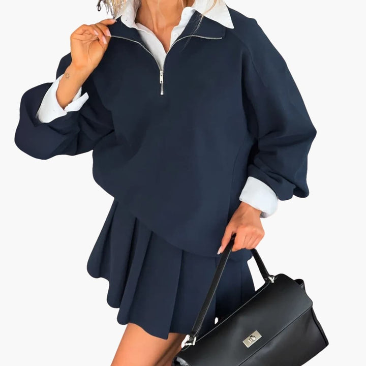Damen Pullover mit Halbzipp und Faltenrock
