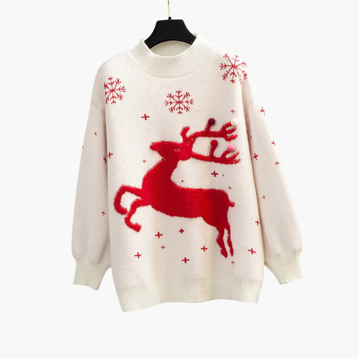 Damen Pullover mit Rentiermotiv und gerippter Strukturfläche