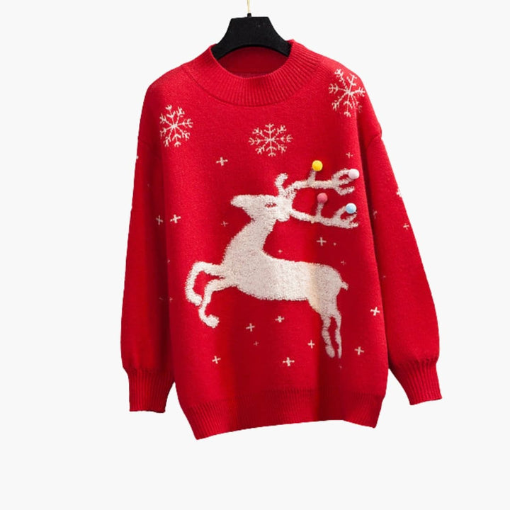 Damen Pullover mit Rentiermotiv und gerippter Strukturfläche