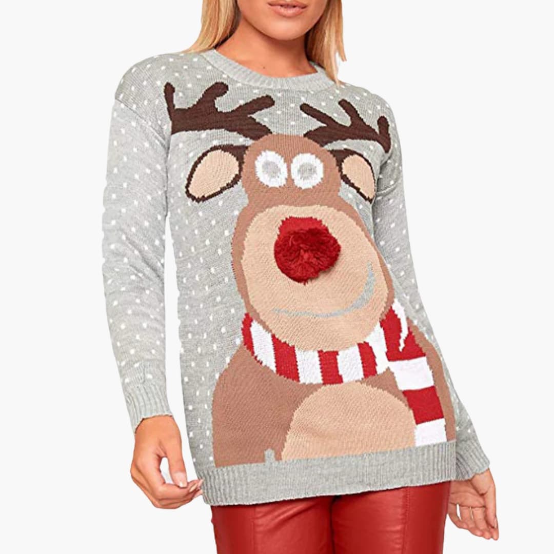 Damen Pullover mit Rentiermotiv und strukturierter Oberfläche