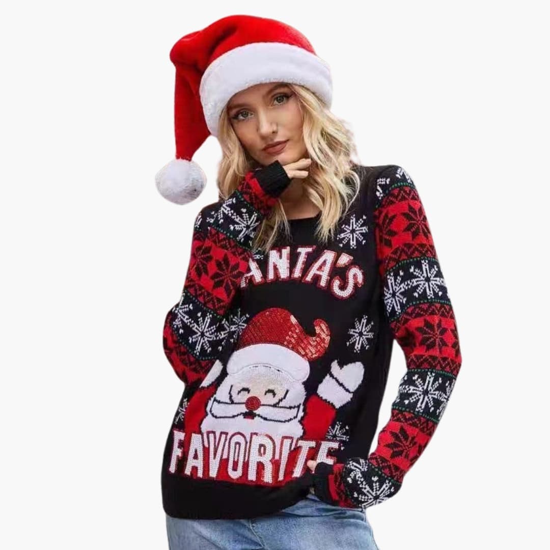 Damen Pullover mit Rentier und Schneeflocken Motiv