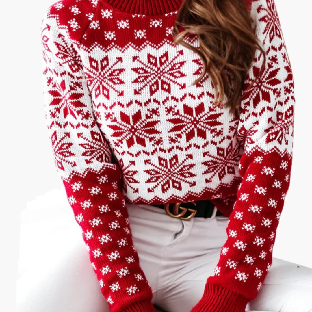 Damen Pullover mit Schneeflocken Motiv und gerippter Strukturfläche