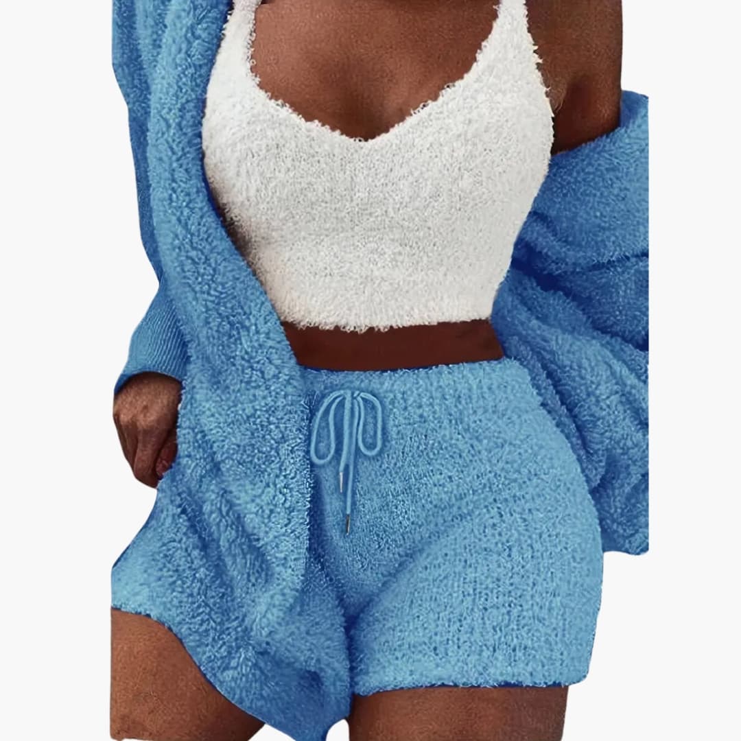 Damen Pyjama Set mit Kapuzen Cardigan und Shorts