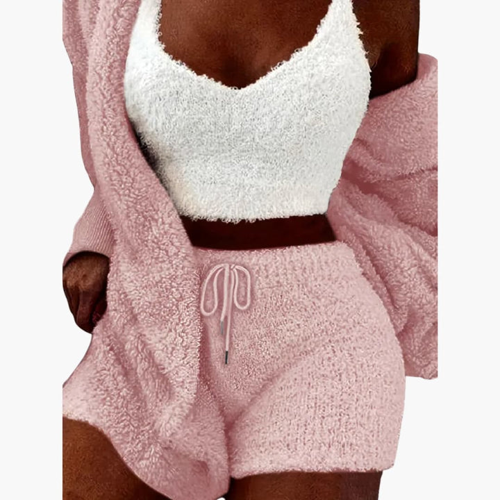 Damen Pyjama Set mit Kapuzen Cardigan und Shorts