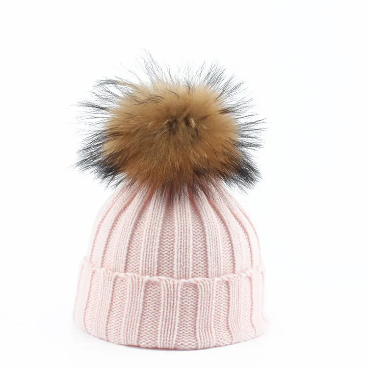 Damen Strickmütze mit Bommel und gleichmäßiger Oberfläche