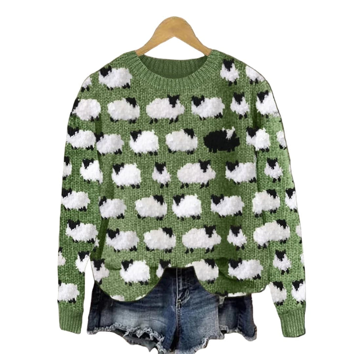 Damen Strickpullover mit Baum Muster und Rundhalsausschnitt