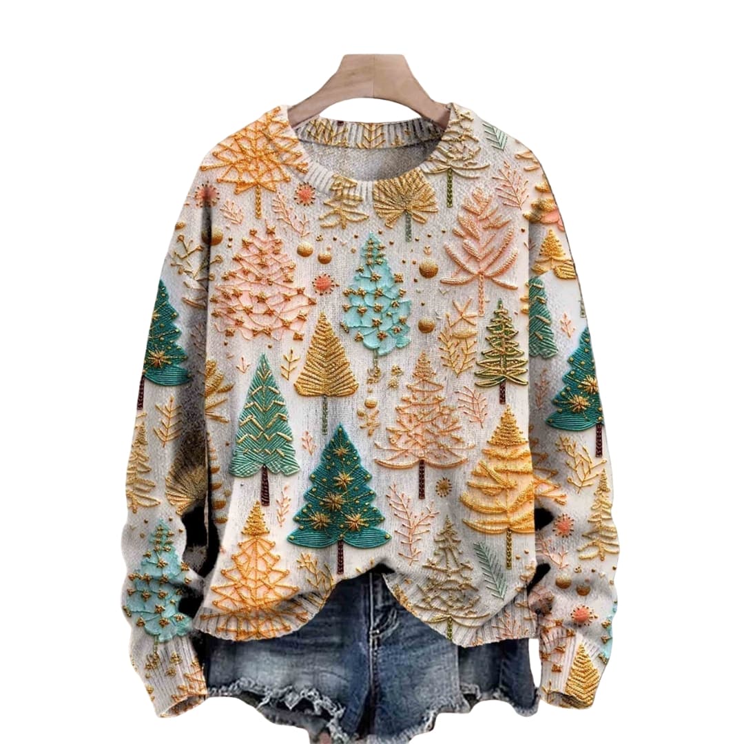 Damen Strickpullover mit Baum Muster und Rundhalsausschnitt