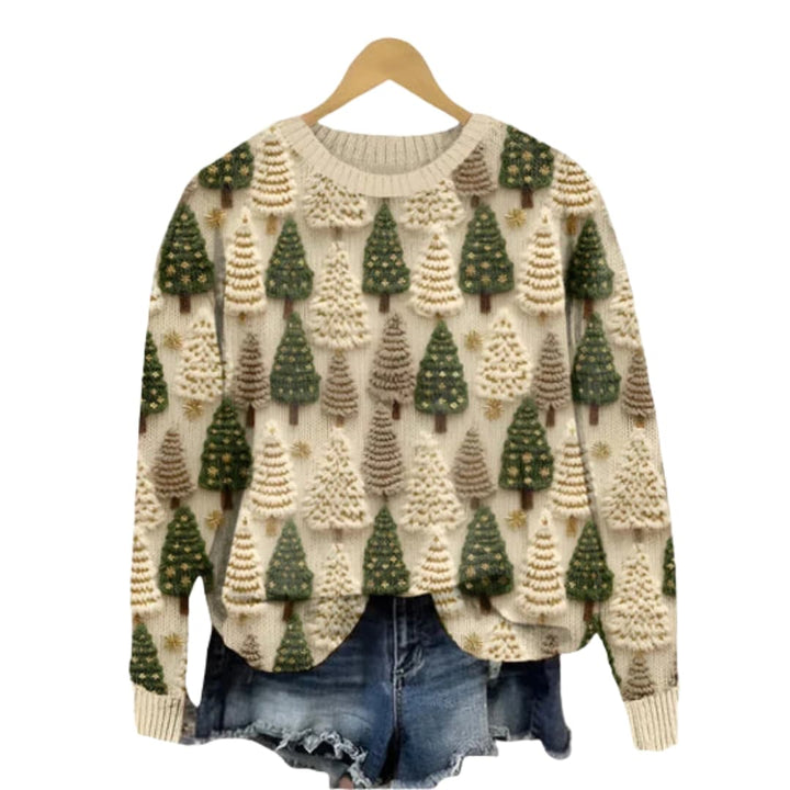 Damen Strickpullover mit Baum Muster und Rundhalsausschnitt