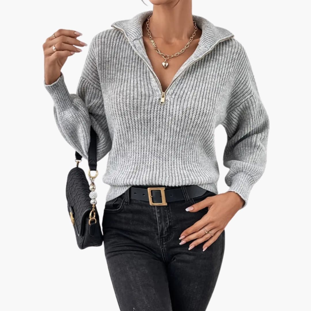 Damen Strickpullover mit Halbzipp und Rippenstrick