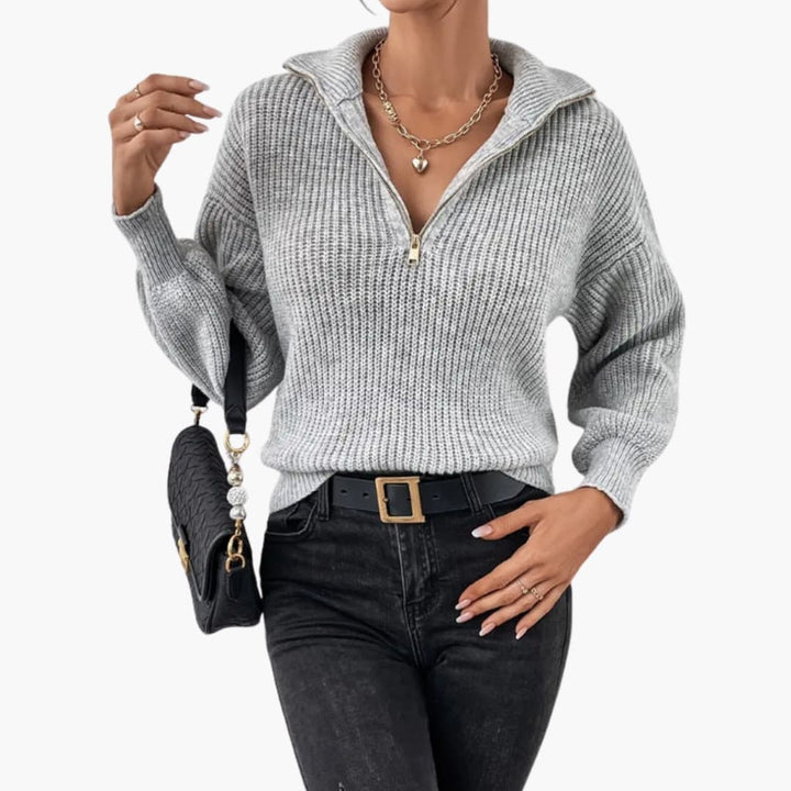 Damen Strickpullover mit Halbzipp und Rippenstrick