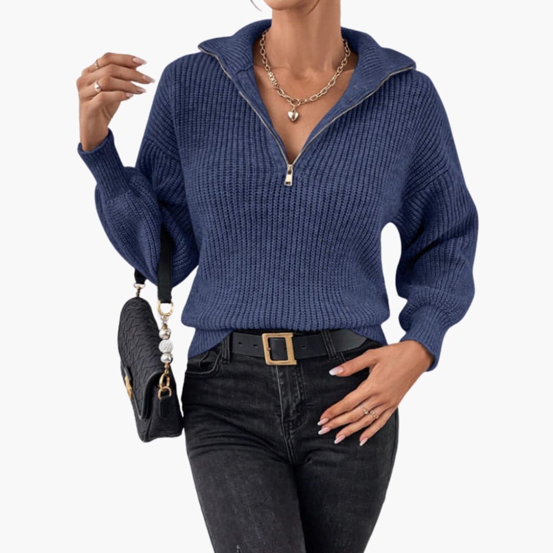 Damen Strickpullover mit Halbzipp und Rippenstrick