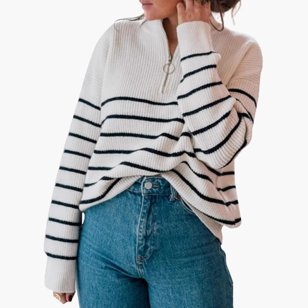 Damen Strickpullover mit Halbzipp und Streifenmuster