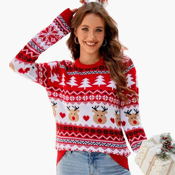 Damen Strickpullover mit Innenfutter und Rentiermotiv