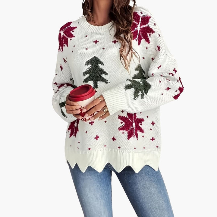 Damen Strickpullover mit Rundhalsausschnitt und festlichem Muster
