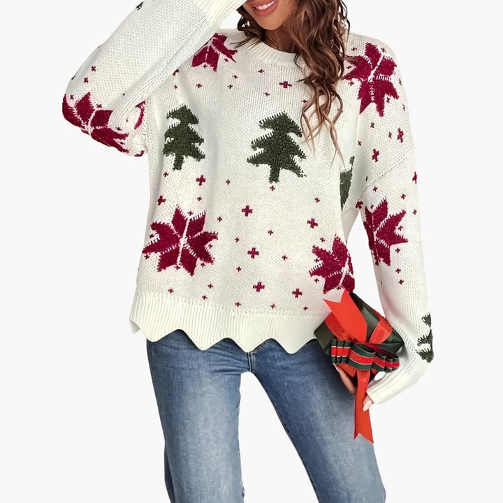 Damen Strickpullover mit Rundhalsausschnitt und festlichem Muster