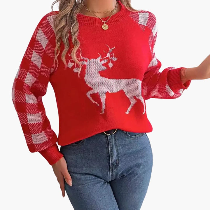 Damen Strickpullover mit Rundhalsausschnitt und festlich gewebten Motiven