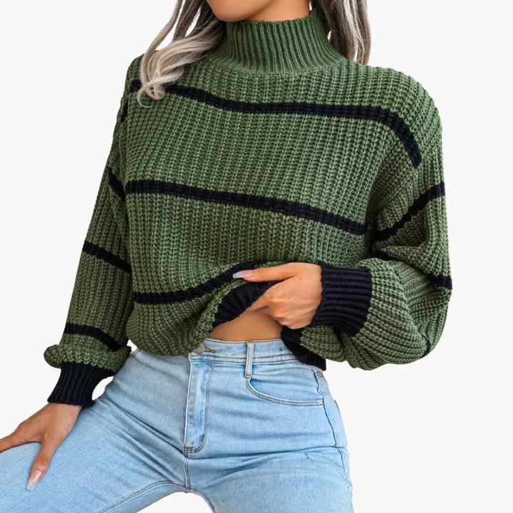 Damen Strickpullover mit Streifen und hohem Kragen