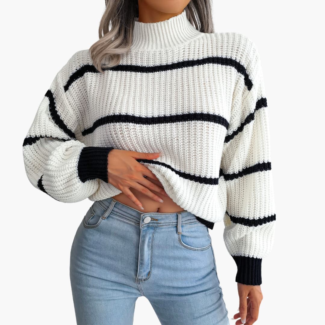 Damen Strickpullover mit Streifen und hohem Kragen