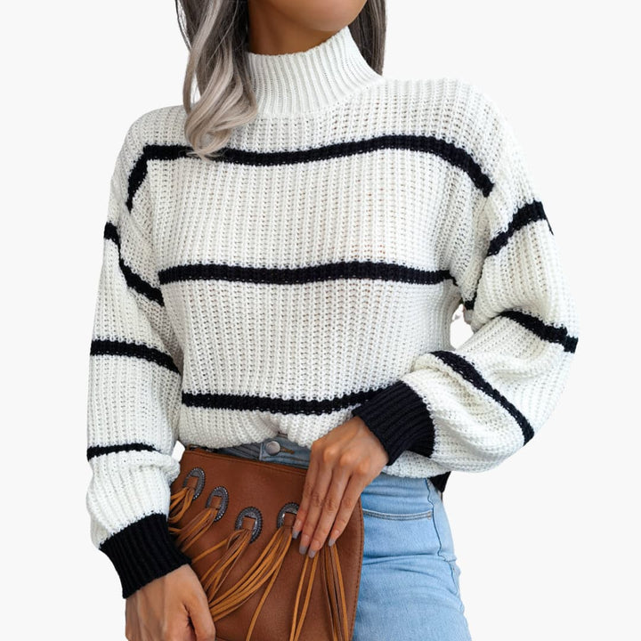 Damen Strickpullover mit Streifen und hohem Kragen