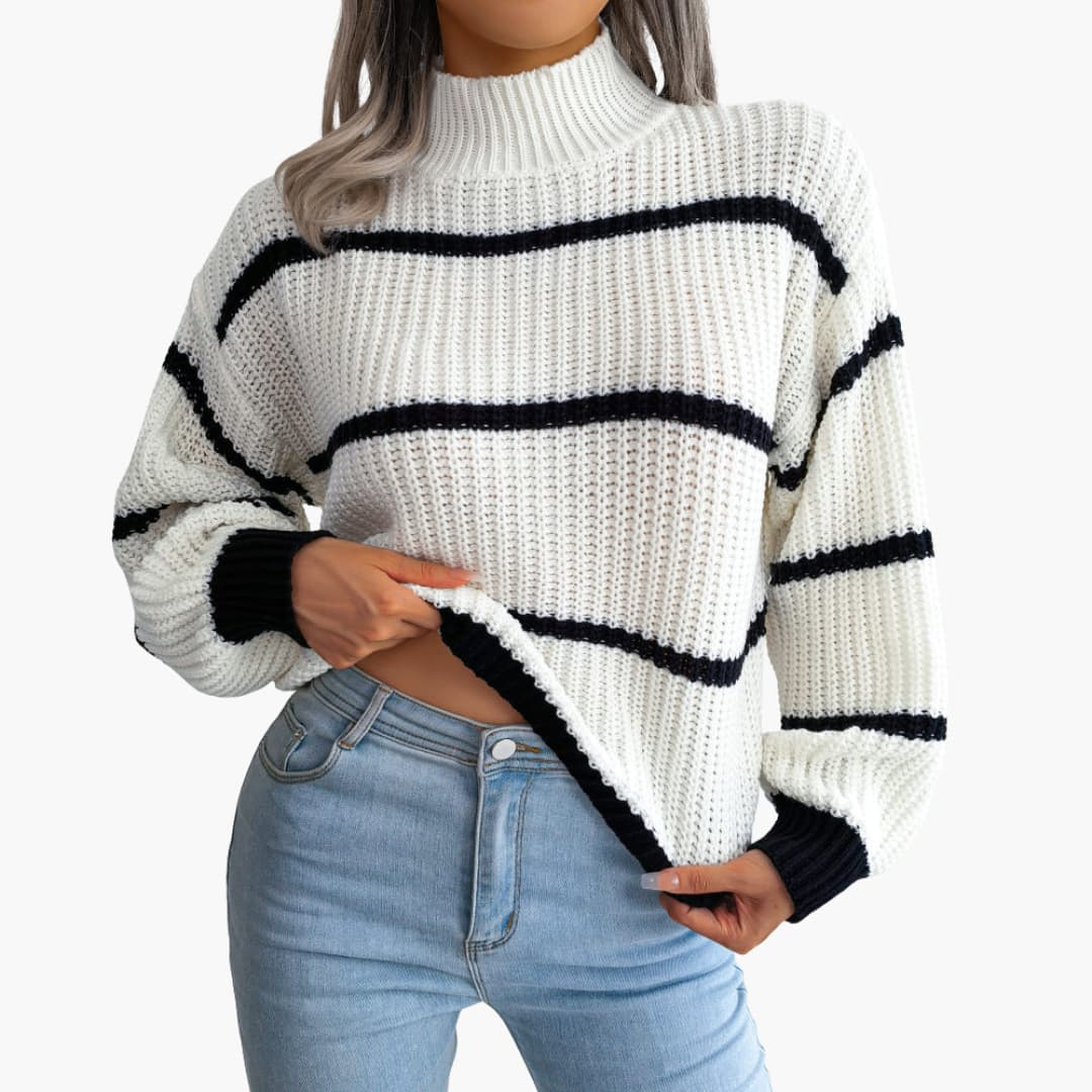 Damen Strickpullover mit Streifen und hohem Kragen
