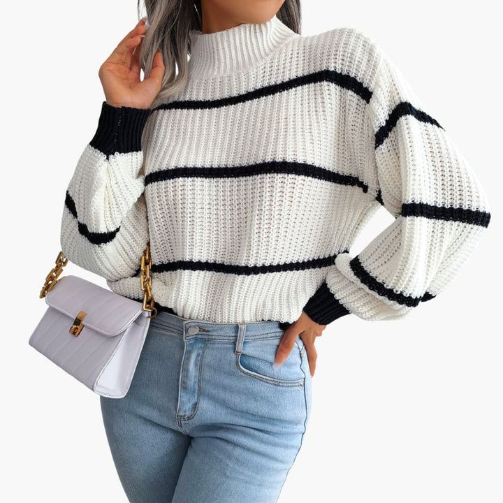 Damen Strickpullover mit Streifen und hohem Kragen