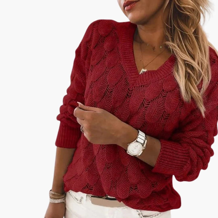 Damen Strickpullover mit V Ausschnitt und Rippstricksaum