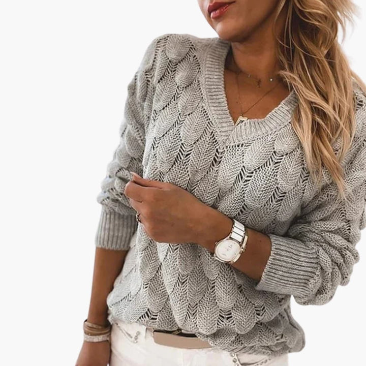 Damen Strickpullover mit V Ausschnitt und Rippstricksaum