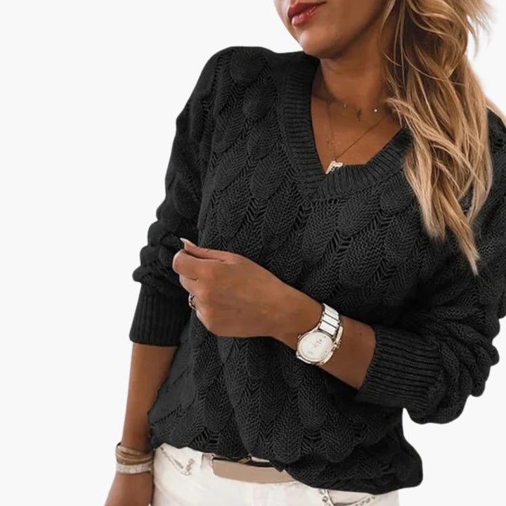 Damen Strickpullover mit V Ausschnitt und Rippstricksaum