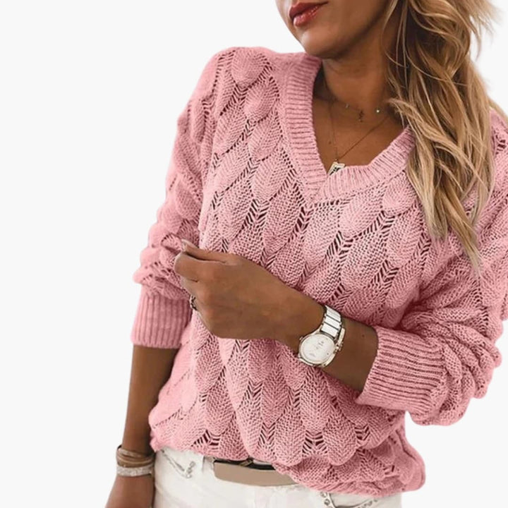 Damen Strickpullover mit V Ausschnitt und Rippstricksaum
