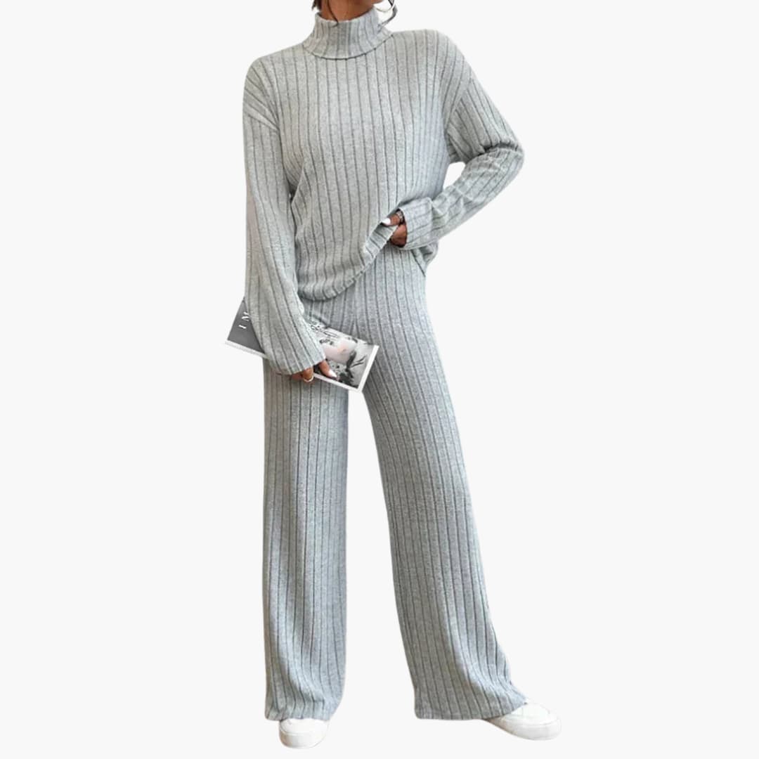 Damen Strickpullover und Hose Set mit Ripp Optik