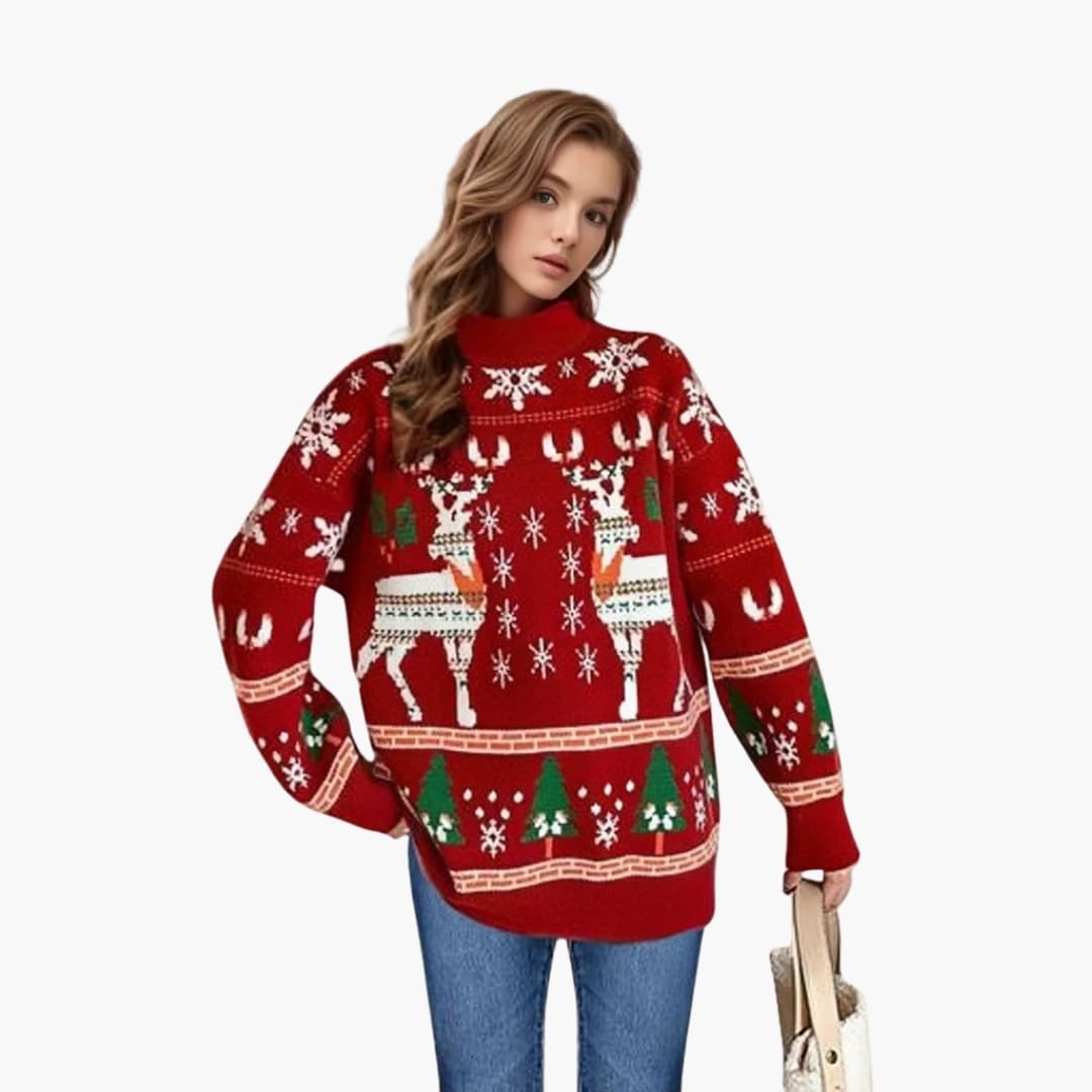 Damen Weihnachtspullover mit Gestrickter Struktur und Festlichem Muster