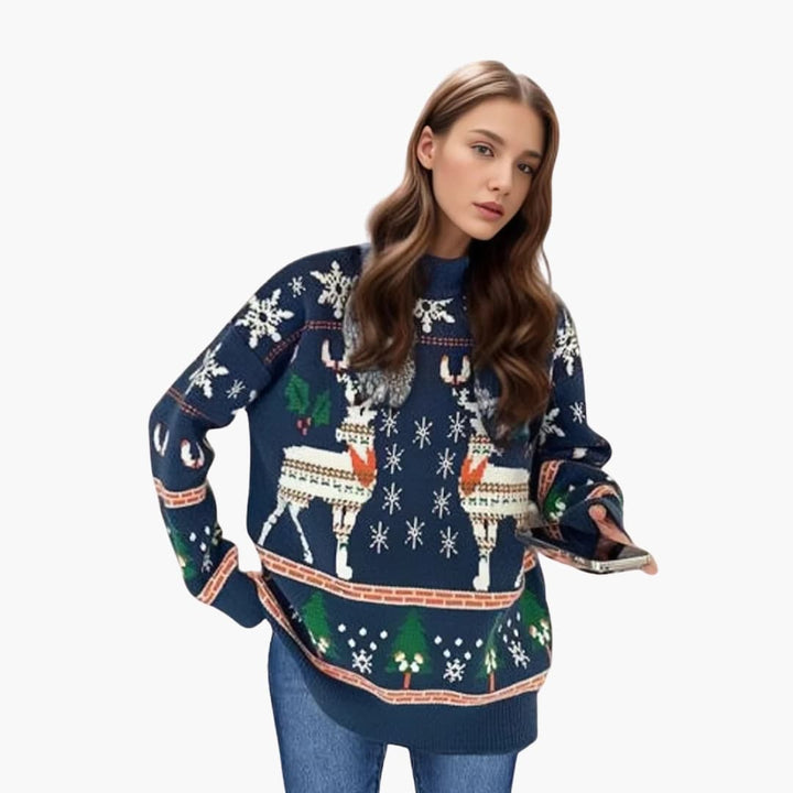 Damen Weihnachtspullover mit Gestrickter Struktur und Festlichem Muster