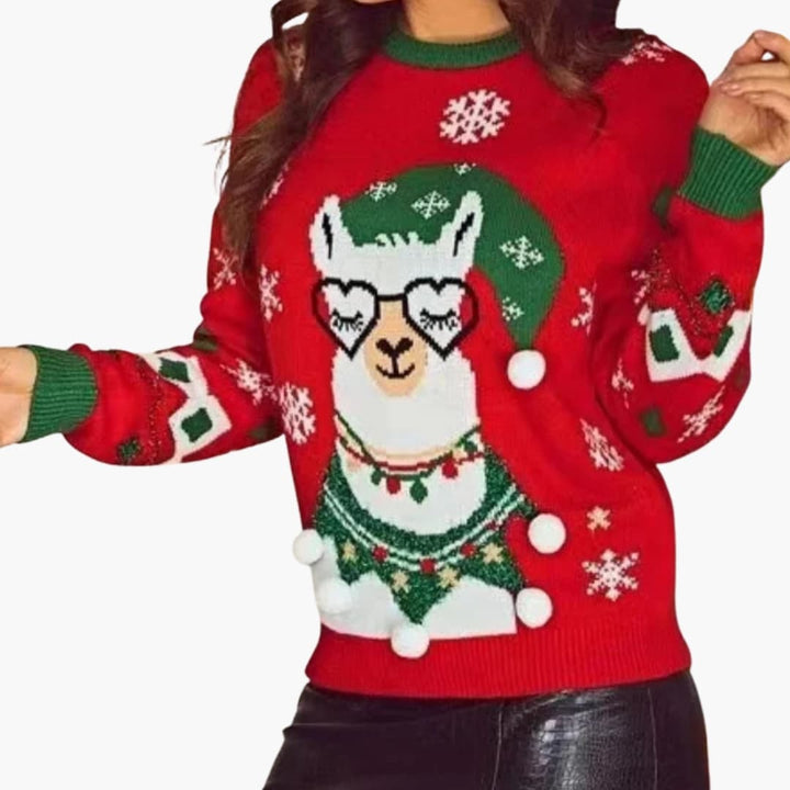 Damen Weihnachtspullover mit Lama Motiv und Pompon Details