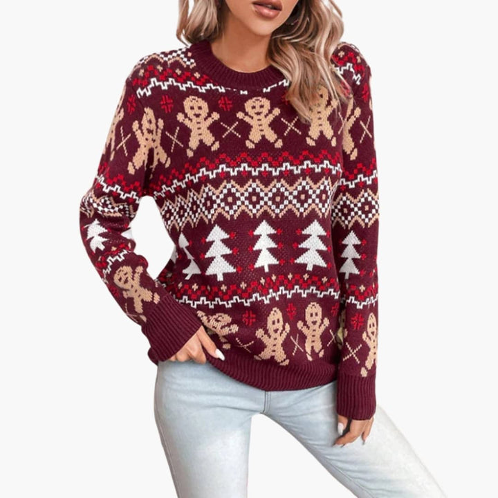 Damen Weihnachtspullover mit Lebkuchenmotiv und gerippten Säumen