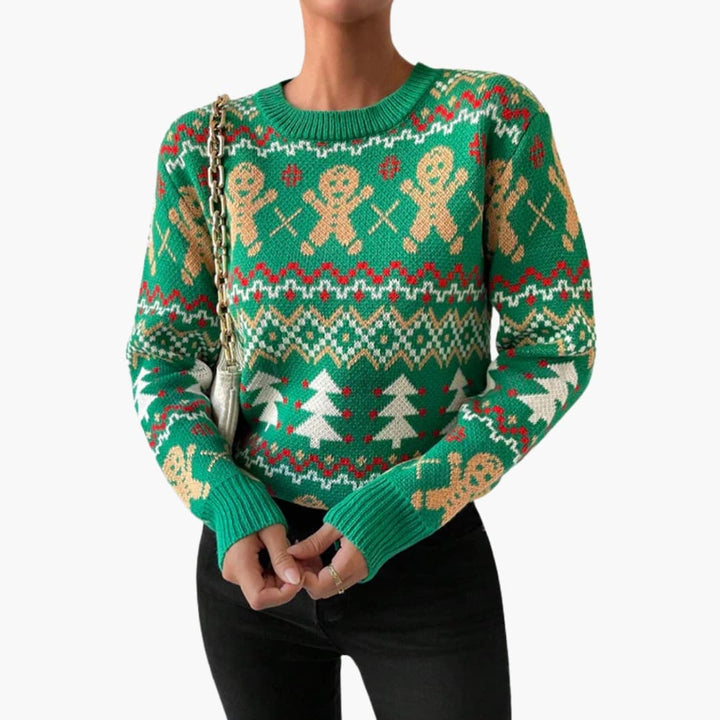 Damen Weihnachtspullover mit Lebkuchenmotiv und gerippten Säumen