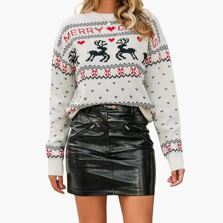 Damen Weihnachtspullover mit Rentier Motiven und gerippten Abschlüssen