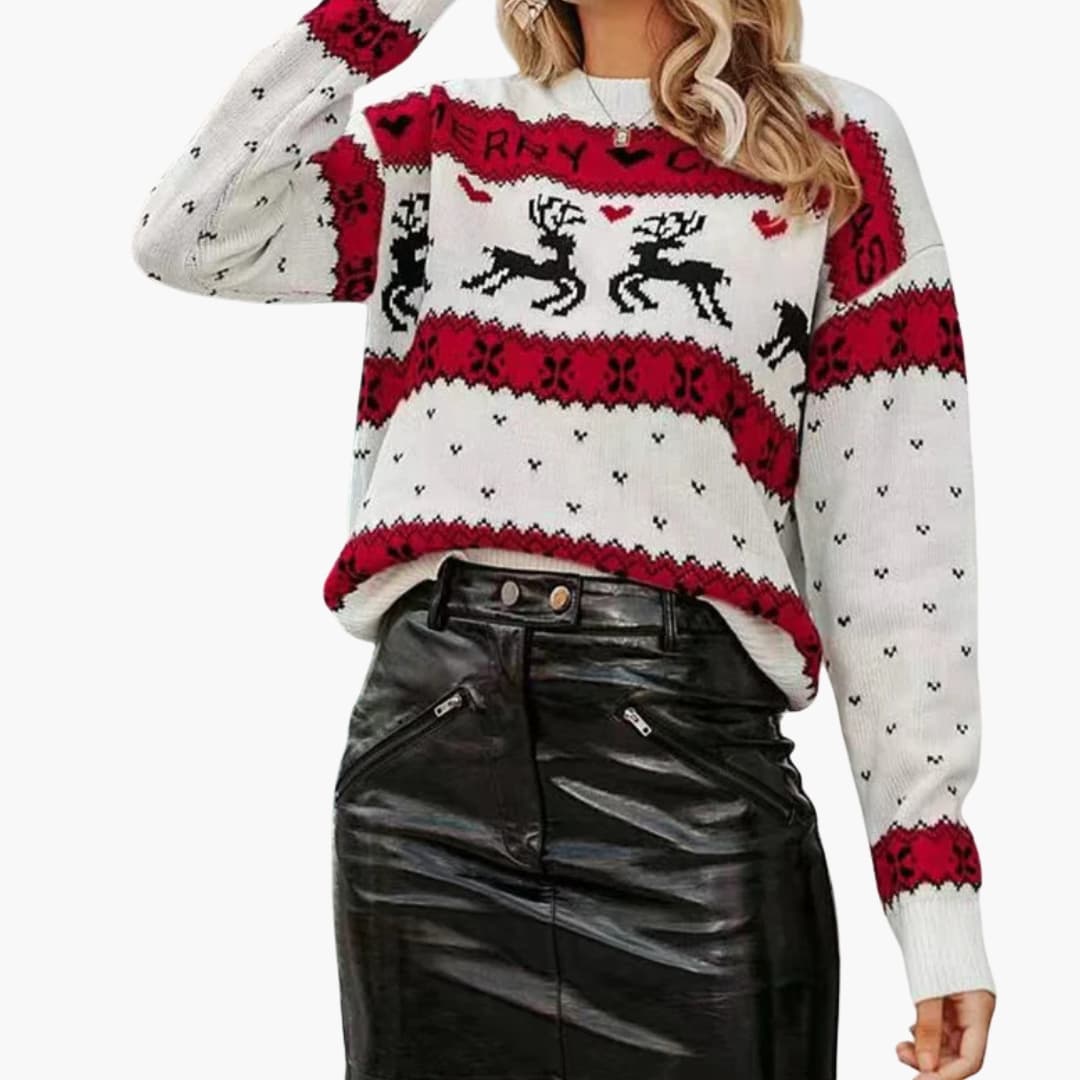 Damen Weihnachtspullover mit Rentier Motiven und gerippten Abschlüssen