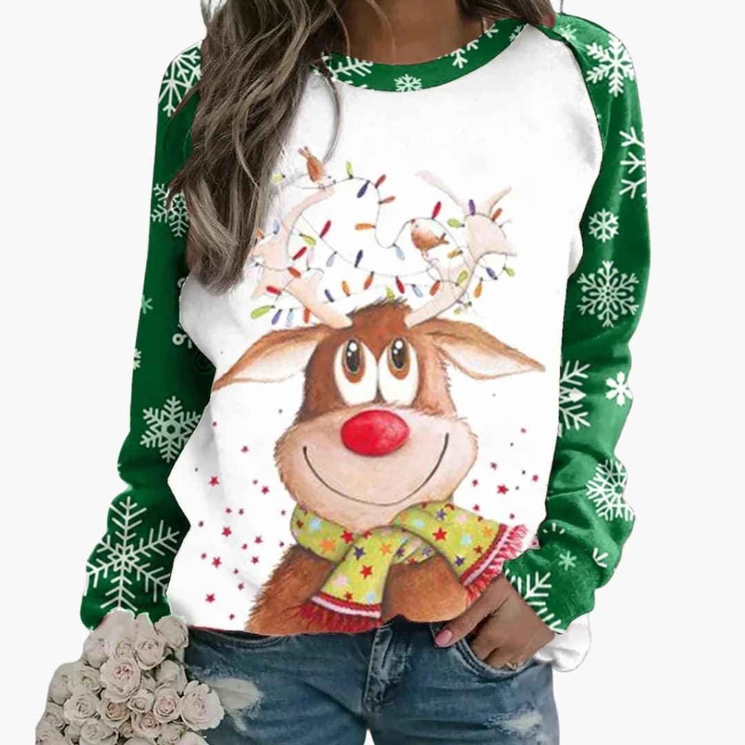 Damen Weihnachtspullover mit Rentiermotiv und Raglanärmeln