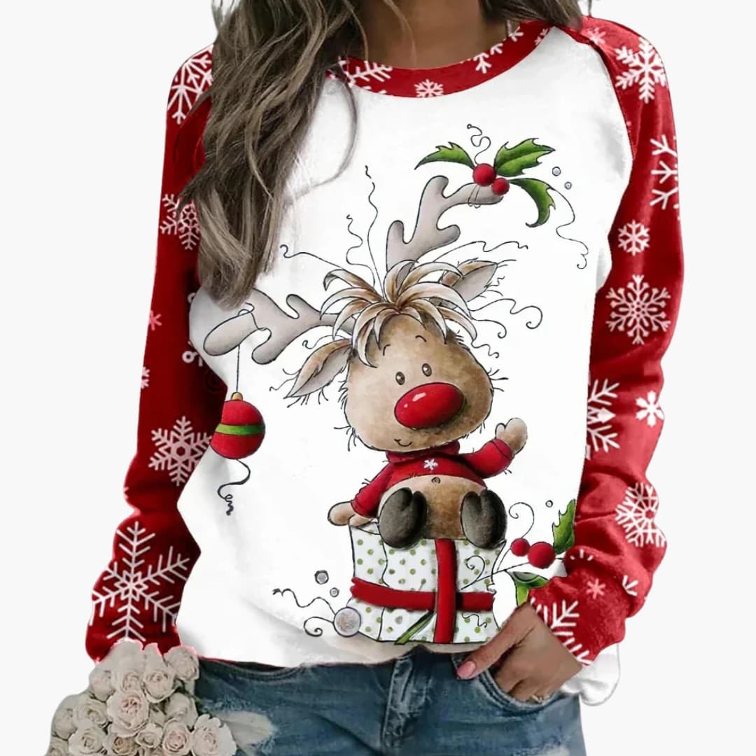 Damen Weihnachtspullover mit Rentiermotiv und Raglanärmeln