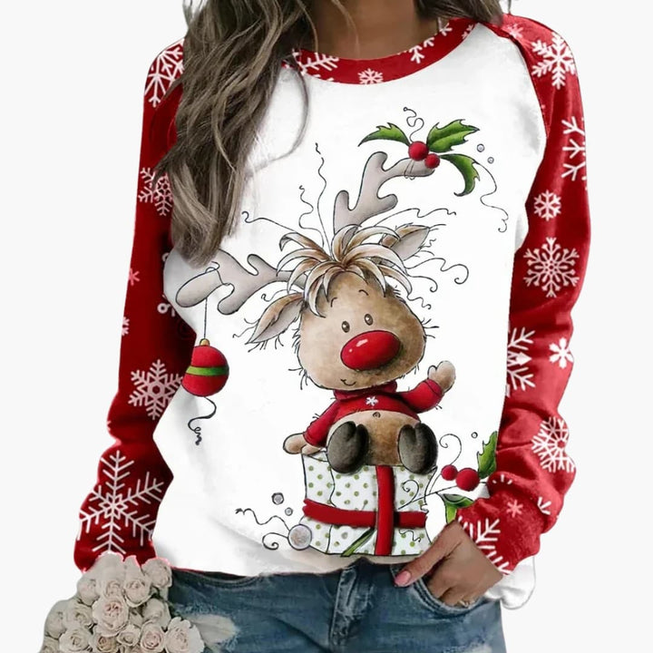 Damen Weihnachtspullover mit Rentiermotiv und Raglanärmeln